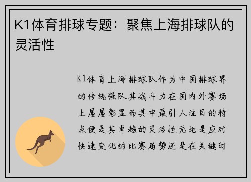 K1体育排球专题：聚焦上海排球队的灵活性